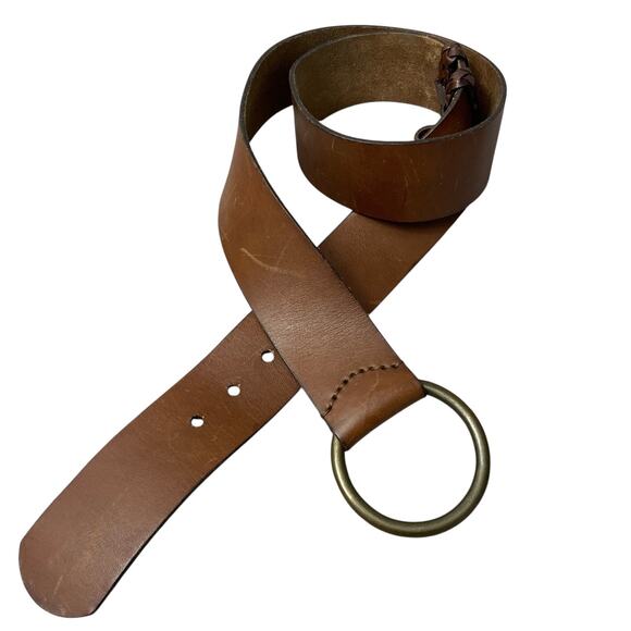 A&F Abercrombie and Fitch Wide Leather Belt M/L Brass Ring Buckle Adjustable 2in - Picture 1 of 9